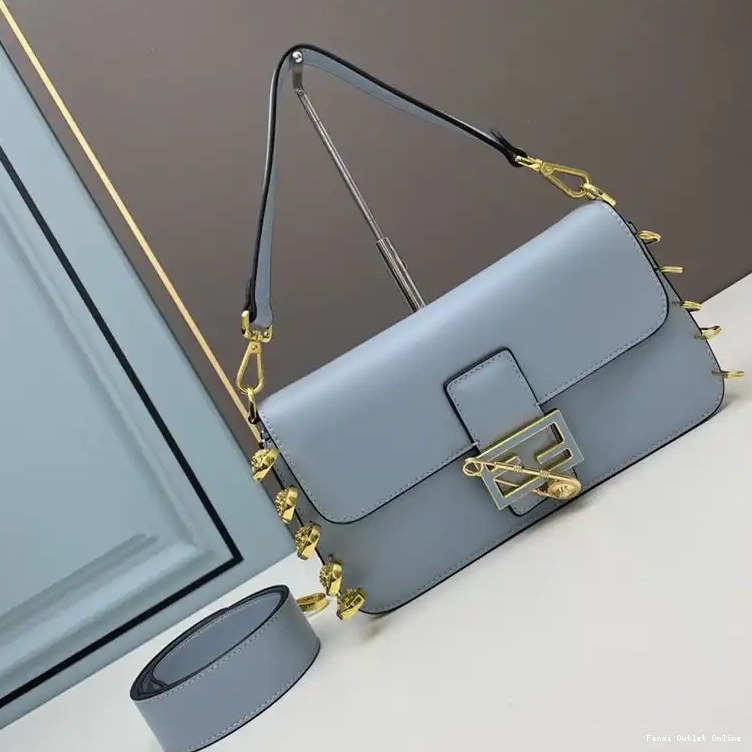 Affordable Blue Calf with Sky Fendace Bag Fendi Brooches Leather Baguette In Pin Medium 0510